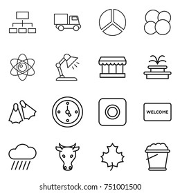thin line icon set : hierarchy, truck, diagram, atom core, table lamp, market, fountain, flippers, watch, ring button, welcome mat, rain cloud, cow, maple leaf, foam bucket
