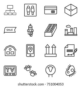 thin line icon set : hierarchy, wc, credit card, box, sale, spark plug, brick, city, house, mobile location, cargo top sign, inventory, tv, pets, sheep, microb