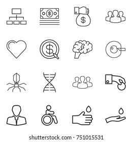 thin line icon set : hierarchy, money, gift, group, heart, dollar arrow, brain, cell corection, virus, dna, hand coin, client, invalid, drop, and