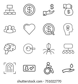 thin line icon set : hierarchy, dollar, investment, money gift, group, heart, arrow, bulb head, brain, cell corection, virus, structure, fingerprint, check in, invalid, hand and drop