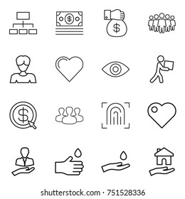 thin line icon set : hierarchy, money, gift, team, woman, heart, eye, courier, dollar arrow, group, fingerprint, client, hand drop, and, housing