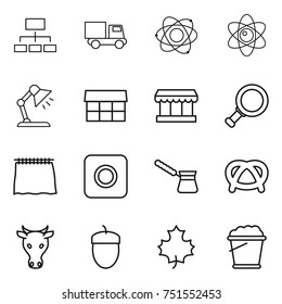 thin line icon set : hierarchy, truck, atom, table lamp, market, magnifier, curtain, ring button, turk, pretzel, cow, acorn, maple leaf, foam bucket