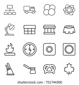 thin line icon set : hierarchy, truck, atom core, table lamp, market, stadium, flammable, watch, ring button, knife holder, turk, pretzel, maple leaf