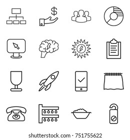 thin line icon set : hierarchy, investment, group, circle diagram, monitor arrow, brain, sun power, clipboard, fragile, rocket, mobile checking, curtain, phone, watering, foam basin, do not distrub