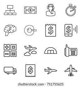 thin line icon set : hierarchy, money, call center, stopwatch, brain, cell corection, receipt, mobile pay, calculator, journey, hangare, phone, shipping, tax, plane, airplane