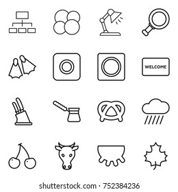 thin line icon set : hierarchy, atom core, table lamp, magnifier, flippers, ring button, welcome mat, knife holder, turk, pretzel, rain cloud, cherry, cow, udder, maple leaf
