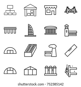 thin line icon set : hierarchy, warehouse, shop, bridge, skyscraper, airport building, church, hangare, brick, factory, level, greenhouse, grain elevator, skyscrapers cleaning