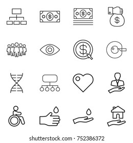 thin line icon set : hierarchy, money, gift, team, eye, dollar arrow, cell corection, dna, structure, heart, client, invalid, hand drop, and, housing