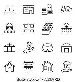 thin line icon set : hierarchy, shop, store, project, cottage, panel house, brick, university, greenhouse, real estate, stadium, warehouse, bungalow, antique column, home, housing