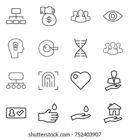 thin line icon set : hierarchy, money gift, group, eye, bulb head, cell corection, dna, structure, fingerprint, heart, client, check in, hand drop, and, housing