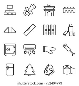 thin line icon set : hierarchy, nipple, arch, bridge, pyramid, level, pallet, passenger, safe, air conditioning, cook glove, blender, fridge, spruce, microb, toilet paper