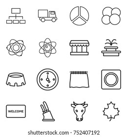 thin line icon set : hierarchy, truck, diagram, atom core, market, fountain, stadium, watch, curtain, ring button, welcome mat, knife holder, cow, maple leaf