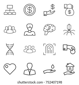thin line icon set : hierarchy, dollar, investment, money gift, group, woman, brain, virus, dna, fingerprint, hand coin, heart, client, and drop, housing