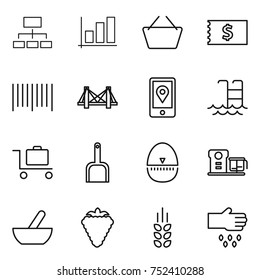 thin line icon set : hierarchy, graph, basket, receipt, bar code, bridge, mobile location, pool, baggage trolley, scoop, egg timer, food processor, mortar, berry, spikelets, sow