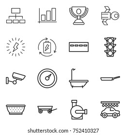 thin line icon set : hierarchy, graph, trophy, satellite, lightning, battery charge, bunker, traffic light, surveillance, barometer, bath, pan, colander, trailer, water pump, car wash
