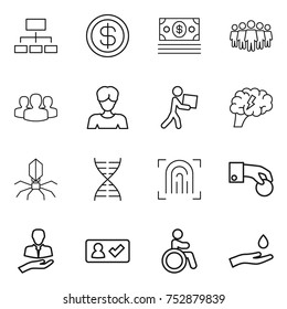 thin line icon set : hierarchy, dollar, money, team, group, woman, courier, brain, virus, dna, fingerprint, hand coin, client, check in, invalid, and drop
