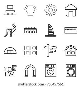 thin line icon set : hierarchy, hex molecule, round around, home, greate wall, bridge, skyscraper, bunker, hangare, panel house, tower crane, architector, arch, washing machine