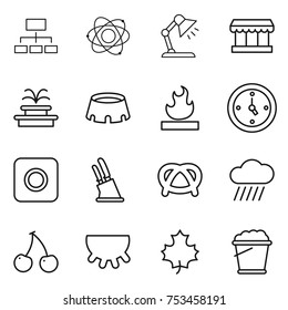thin line icon set : hierarchy, atom, table lamp, market, fountain, stadium, flammable, watch, ring button, knife holder, pretzel, rain cloud, cherry, udder, maple leaf, foam bucket