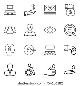 thin line icon set : hierarchy, investment, money, gift, group, woman, eye, dollar arrow, bulb head, cell corection, structure, hand coin, client, invalid, drop, and