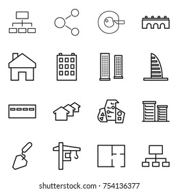 thin line icon set : hierarchy, molecule, cell corection, bridge, home, building, skyscrapers, skyscraper, bunker, houses, modern architecture, district, construction, tower crane, plan