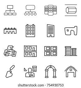 thin line icon set : hierarchy, structure, server, nano tube, bridge, building, skyscraper, slum, modern architecture, modular house, panel, district, construction, architector, arch, barn