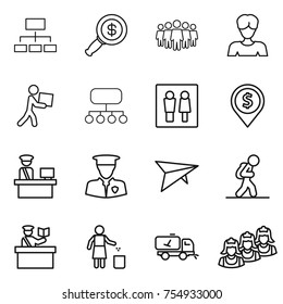 thin line icon set : hierarchy, dollar magnifier, team, woman, courier, structure, wc, pin, customs control, security man, deltaplane, tourist, inspector, garbage bin, home call cleaning, outsource