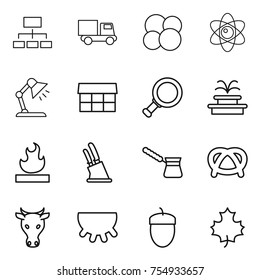 thin line icon set : hierarchy, truck, atom core, table lamp, market, magnifier, fountain, flammable, knife holder, turk, pretzel, cow, udder, acorn, maple leaf
