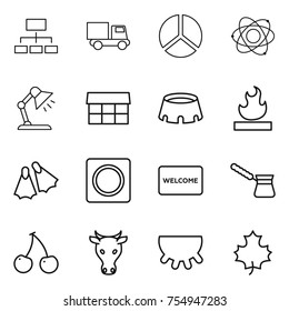 thin line icon set : hierarchy, truck, diagram, atom, table lamp, market, stadium, flammable, flippers, ring button, welcome mat, turk, cherry, cow, udder, maple leaf