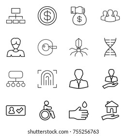 thin line icon set : hierarchy, dollar, money gift, group, woman, cell corection, virus, dna, structure, fingerprint, client, check in, invalid, hand drop, housing