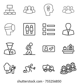 thin line icon set : hierarchy, group, bulb head, virtual mask, wc, list, client, security man, tourist, check in, baggage checking, garden cleaning, vacuum cleaner, home call, outsource