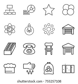 thin line icon set : hierarchy, diagram, star, atom core, rocket, round around, garage, brick, phone, chair, chief hat, sow, garbage bag, clean window