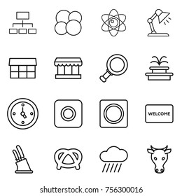 Thin line icon set : hierarchy, atom core, table lamp, market, magnifier, fountain, watch, ring button, welcome mat, knife holder, pretzel, rain cloud, cow