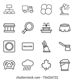 Thin line icon set : hierarchy, truck, atom core, table lamp, market, magnifier, fountain, stadium, ring button, welcome mat, knife holder, turk, pretzel, rain cloud, maple leaf, foam bucket