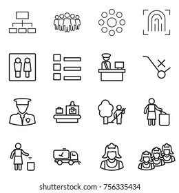 Thin line icon set : hierarchy, team, round around, fingerprint, wc, list, customs control, do not trolley sign, security man, baggage checking, garden cleaning, garbage bin, home call, cleaner