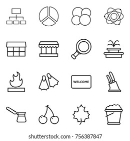 Thin line icon set : hierarchy, diagram, atom core, market, magnifier, fountain, flammable, flippers, welcome mat, knife holder, turk, cherry, maple leaf, foam bucket