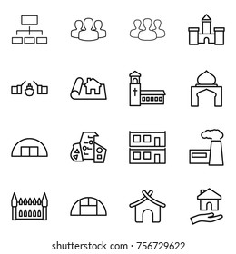 thin line icon set : hierarchy, group, castle, drawbridge, project, church, minaret, hangare, modern architecture, modular house, factory, gothic, greenhouse, bungalow, housing