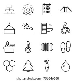 Thin line icon set : hierarchy, around gear, building, pyramid, loading crane, arrival, hotel, invalid, reception, thermometer, radiator, slippers, honeycombs, spruce, carrot, drop