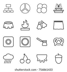 Thin line icon set : hierarchy, diagram, atom core, fountain, stadium, flammable, flippers, curtain, ring button, turk, pretzel, rain cloud, cherry, udder, acorn