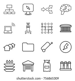 Thin line icon set : hierarchy, monitor arrow, core splitting, brain, notebook wireless, dna modify, chip, airport building, houses, documents, suitcase, electricity, plate washing, garage, flour