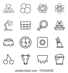 Thin line icon set : hierarchy, atom core, table lamp, market, magnifier, fountain, stadium, watch, ring button, knife holder, cherry, cow, udder, foam bucket
