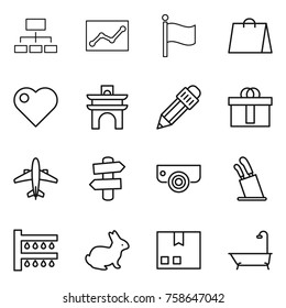 Thin line icon set : hierarchy, statistics, flag, shopping bag, heart, arch, pencil, hi quality package, airplane, signpost, surveillance camera, stands for knives, watering, rabbit, bath