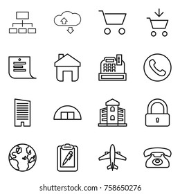 Thin line icon set : hierarchy, cloude service, cart, add to, shopping list, home, cashbox, phone, skyscraper, hangare, building, lock, globe, clipboard pen, airplane