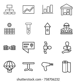Thin line icon set : hierarchy, statistics, graph, warehouse, sun power, vial, tower, mansion, school, location details, satellite, client, parachute delivery, table, hair dryer, paper towel