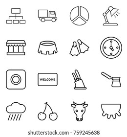 Thin line icon set : hierarchy, truck, diagram, table lamp, market, stadium, flippers, watch, ring button, welcome mat, knife holder, turk, rain cloud, cherry, cow, udder