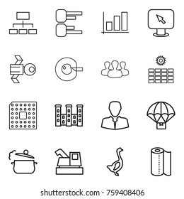Thin line icon set : hierarchy, diagram, graph, monitor arrow, satellite, cell corection, group, sun power, cpu, palace, client, parachute delivery, steam pan, harvester, goose, paper towel