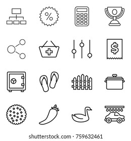 Thin line icon set : hierarchy, percent, calculator, trophy, molecule, add to basket, equalizer, tax, safe, flip flops, fence, pan, cookies, hot pepper, goose, car wash