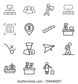 Thin line icon set : hierarchy, group, courier, structure, fingerprint, dollar pin, stairs, customs control, do not trolley sign, security man, deltaplane, tourist, baggage checking, inspector