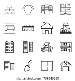 Thin line icon set : hierarchy, hex molecule, server, nano tube, bridge, home, mansion, building, skyscrapers, modern architecture, modular house, district, construction, plan, barn