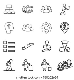 Thin line icon set : hierarchy, team, group, courier, bulb head, round around, dollar pin, list, stairs, client, security man, tourist, garbage bin, outsource