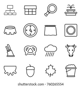 Thin line icon set : hierarchy, market, magnifier, fountain, stadium, watch, curtain, ring button, knife holder, pretzel, rain cloud, cow, udder, acorn, maple leaf, foam bucket